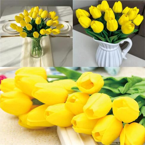 15pcs Artificial Flowers Latex Tulips Real Touch 13" and 5pcs Eucalyptus Leaves for Spring Easter Gifts in Bulk Home Kitchen Wedding Bouquet Decorations Cemetery Table Décor Table Décor (Yellow tulip) in Saudi Arabia