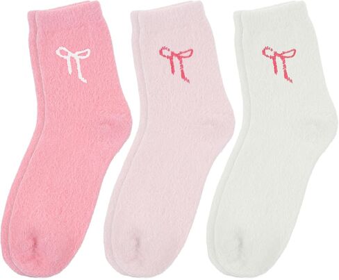 Xthrotsenk 3 Pairs Thick Fluffy Socks Bow Fuzzy Pink Bow Socks for Women Cozy Slipper Sock for Sleeping Sleep Sock for Women for Winter, Pink, White in Saudi Arabia
