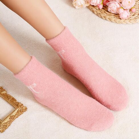 Xthrotsenk 3 Pairs Thick Fluffy Socks Bow Fuzzy Pink Bow Socks for Women Cozy Slipper Sock for Sleeping Sleep Sock for Women for Winter, Pink, White in Saudi Arabia