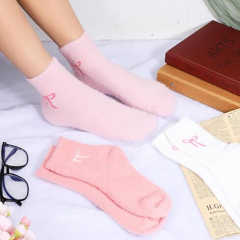 Xthrotsenk 3 Pairs Thick Fluffy Socks Bow Fuzzy Pink Bow Socks for Women Cozy Slipper Sock for Sleeping Sleep Sock for Women for Winter, Pink, White in Saudi Arabia