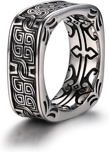 Stainless Steel Retro Square Round Band Ring for Men and Women Celtic Knot Silver Gold Tone Domineering Amulet Ring Vintage Unisex Viking Jewelry US Size 7-13 in Saudi Arabia