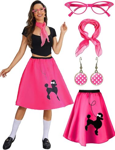 ZEXIGLAD Women's Poodle Skirts 50s Outfits Adult Halloween Costumes 2025 with Scarf Glasses Earring Vintage Skirts 4 Pcs Set in Kuwait