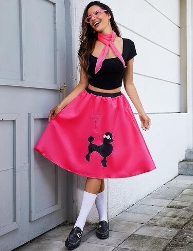 ZEXIGLAD Women's Poodle Skirts 50s Outfits Adult Halloween Costumes 2025 with Scarf Glasses Earring Vintage Skirts 4 Pcs Set in Kuwait