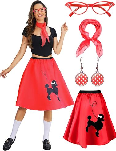 ZEXIGLAD Women's Poodle Skirts 50s Outfits Adult Halloween Costumes 2025 with Scarf Glasses Earring Vintage Skirts 4 Pcs Set in Kuwait