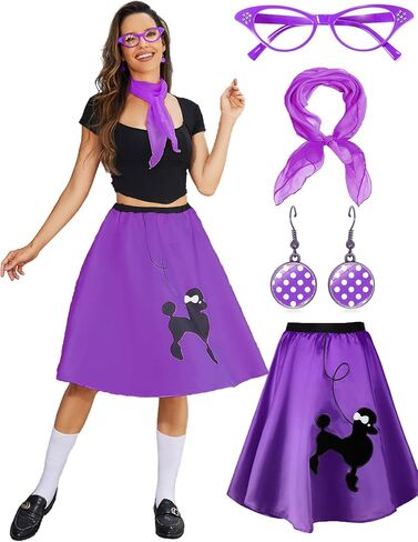 ZEXIGLAD Women's Poodle Skirts 50s Outfits Adult Halloween Costumes 2025 with Scarf Glasses Earring Vintage Skirts 4 Pcs Set in Kuwait