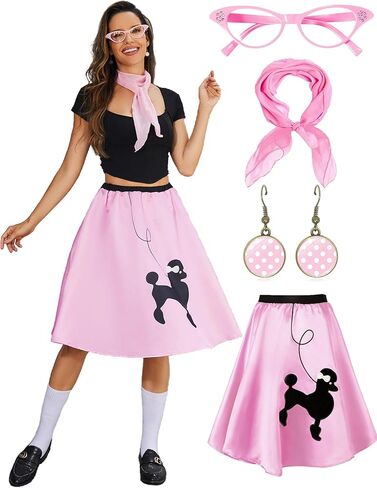 ZEXIGLAD Women's Poodle Skirts 50s Outfits Adult Halloween Costumes 2025 with Scarf Glasses Earring Vintage Skirts 4 Pcs Set in Kuwait