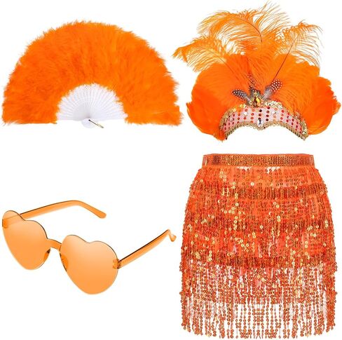 Shihanee Carnival Feather Costume Set Orange Showgirl Style Costumes for Women Including Feather Headpiece Fan Sequin Skirts Heart Shaped Sunglasses Sparkly 1920s Flapper Party Outfits in Saudi Arabia