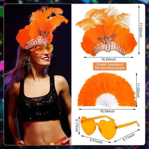 Shihanee Carnival Feather Costume Set Orange Showgirl Style Costumes for Women Including Feather Headpiece Fan Sequin Skirts Heart Shaped Sunglasses Sparkly 1920s Flapper Party Outfits in Saudi Arabia