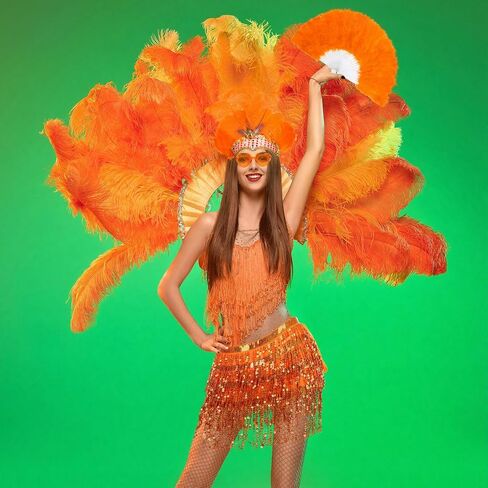 Shihanee Carnival Feather Costume Set Orange Showgirl Style Costumes for Women Including Feather Headpiece Fan Sequin Skirts Heart Shaped Sunglasses Sparkly 1920s Flapper Party Outfits in Saudi Arabia