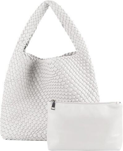 Woven Handbag Straw Purse for Women, Vegan Leather Shoulder Bag Top Handle Tote (White) in Saudi Arabia