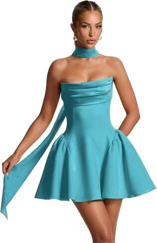 فساتين WENKAFO قصيرة لحفلات العودة للوطن مع وشاح للمراهقين 2026 بدون حمالات ورقبة واسعة بطيات منتفخة للحفلات الراقصة WA100 in Kuwait