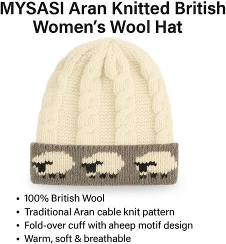 قبعة شتوية للسيدات من MYSASI Aran Scottish Heritage، صوف بنسبة 100%، لمسة نهائية يدوية، تصميم خروف، in Kuwait