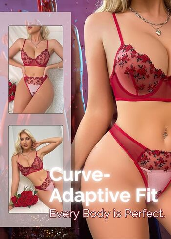 Jmeralara Women's Sexy Lingerie Set, Red Underwire Floral, Lace Bra and Panty 2 Piece Sheer Mesh Lingerie with Push Up in Saudi Arabia