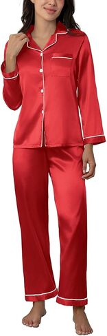 CloudLike Silk Pajamas for Women, Fall Christmas Female Satin Matching Pjs Set Super Soft Casual Loungewear Outfit, Red, S in Saudi Arabia