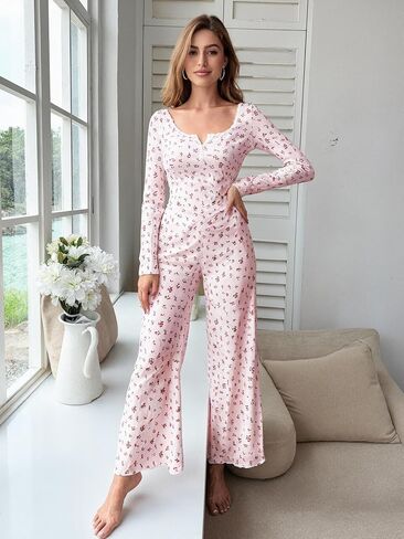 Womens Pajama Sets Ribbed Floral Lounge Set Long-SleevedTop and Long Pants 2 Piece Sleepwear in Saudi Arabia