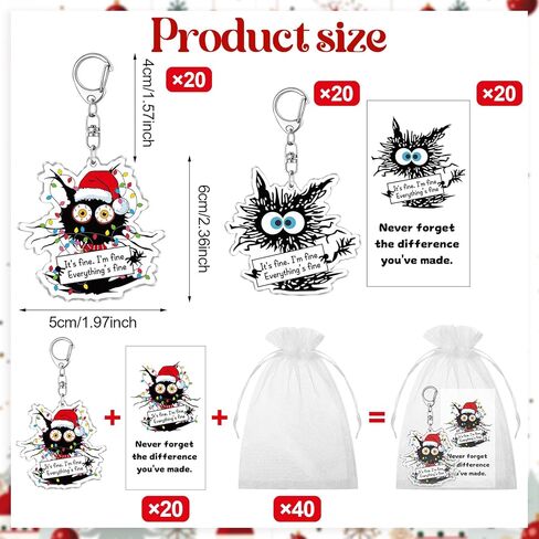 hkoytiup 40 مجموعات عيد الميلاد الإيجابية سلاسل المفاتيح الهدايا الموظف التقدير السائبة مضحك القط الأسود المفاتيح مع أكياس الأورجانزا وانها غرامة كل شيء بطاقات غرامة لزملاء العمل فريق القط عشاق النساء in Kuwait