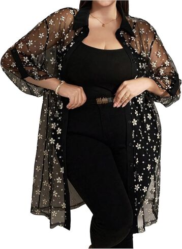 WDIRARA Women's Plus Size Floral Sheer Mesh Blouse Button Down Shirts 3/4 Sleeve Loose Tops in Saudi Arabia