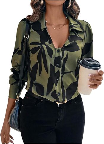 SOLY HUX Women's Floral Print Blouse Collared V Neck Button Down Office Shirts Business Casual Tops in Saudi Arabia