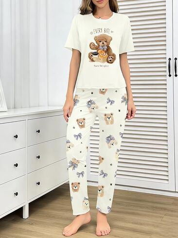 Womens Bear Print Two Piece Pajamas Sets Short Sleeve Shirt and Pants PJS Soft Sleepwear Cute Loungwear in Saudi Arabia