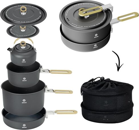 Alocs 17pcs Camping Cookware Camp Kitchen Set with Kettle, Aluminum Camping Cooking Set Backpacking Gear for Hiking,Traveling,Climbing and Picnic in Kuwait