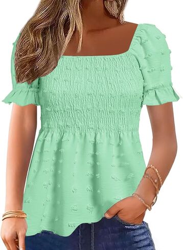 Flamingals Women's Peplum Tops Short Ruffle Sleeve Square Neck Smocked Flowy Blouse in Kuwait