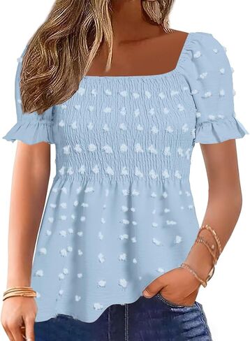Flamingals Women's Peplum Tops Short Ruffle Sleeve Square Neck Smocked Flowy Blouse in Kuwait