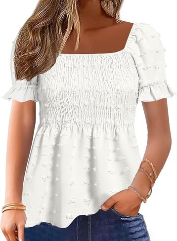 Flamingals Women's Peplum Tops Short Ruffle Sleeve Square Neck Smocked Flowy Blouse in Kuwait