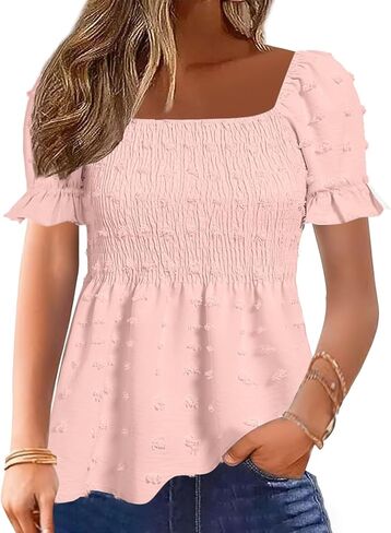 Flamingals Women's Peplum Tops Short Ruffle Sleeve Square Neck Smocked Flowy Blouse in Kuwait