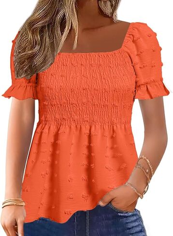 Flamingals Women's Peplum Tops Short Ruffle Sleeve Square Neck Smocked Flowy Blouse in Kuwait