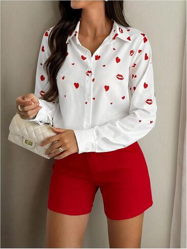 قمصان نسائية من SweatyRocks بطبعة شفاه على شكل قلب وأزرار سفلية وأكمام طويلة وبلوزات بياقة للعمل in Saudi Arabia