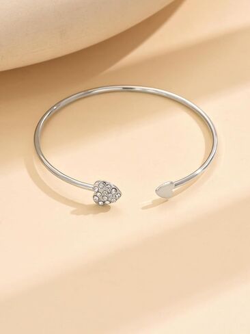 Silver Heart Bangle for Women, Open Cuff Bracelet with Crystal Accents, Adjustable Minimalist Love Bracelet, Elegant Jewelry Gift for Her in Saudi Arabia