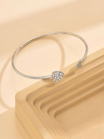 Silver Heart Bangle for Women, Open Cuff Bracelet with Crystal Accents, Adjustable Minimalist Love Bracelet, Elegant Jewelry Gift for Her in Saudi Arabia