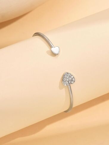 Silver Heart Bangle for Women, Open Cuff Bracelet with Crystal Accents, Adjustable Minimalist Love Bracelet, Elegant Jewelry Gift for Her in Saudi Arabia