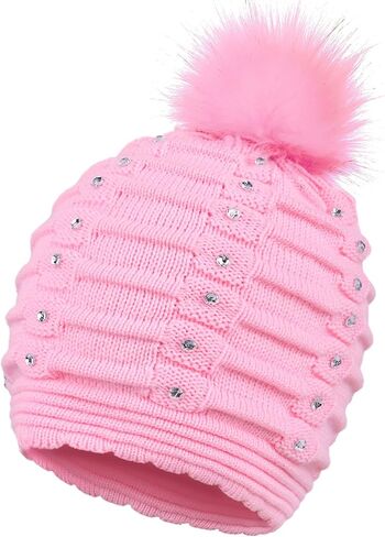 قبعة صغيرة منسوجة بشكل أفقي من القطب الشمالي مع ترتر وكرة من الفرو الصناعي in Kuwait