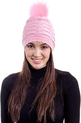 قبعة صغيرة منسوجة بشكل أفقي من القطب الشمالي مع ترتر وكرة من الفرو الصناعي in Kuwait