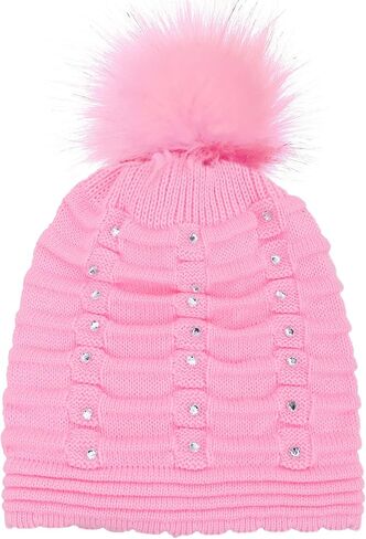 قبعة صغيرة منسوجة بشكل أفقي من القطب الشمالي مع ترتر وكرة من الفرو الصناعي in Kuwait