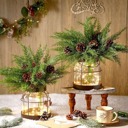 Knitgrip 1 Set Christmas Norfolk Berries Picks with Glass Vase Artificial Berries Branch Table Decoration Xmas Norfolk Stem Clear Lights Vase for Centerpieces Arrangement Gifts Holiday Season Decor in Saudi Arabia