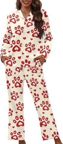XXQGOMG Women's 2 Piece Button Up Pajamas Set Long Sleeve Blouse and Pants Sleepwear in Saudi Arabia