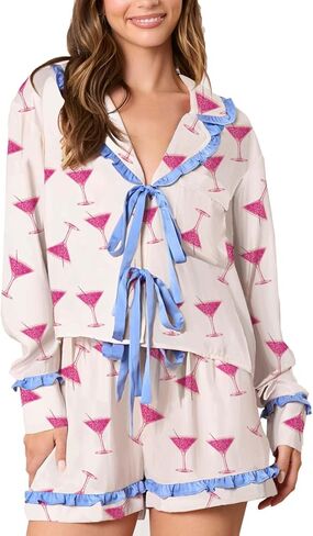 Yiulangde Women Silk Satin Martini Bow Pajamas Aesthetic Preppy Pjs Long Sleeve Shirt Ruffle Pj Shorts Set Y2k 2 Piece Outfit in Saudi Arabia