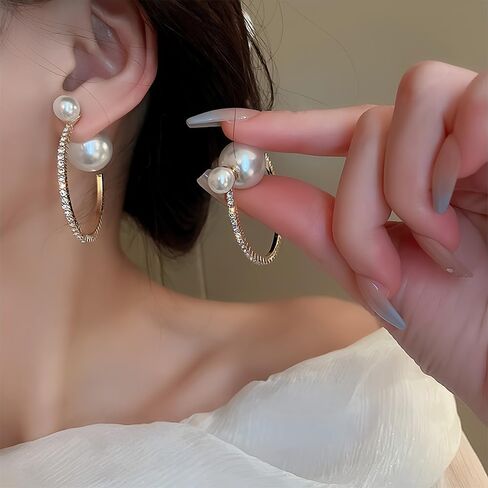 Gold Large Pearl Hoop Earrings for Women Sparkly Rhinestone Big Pearls Hoops Earring Exaggerated Crystal C Shaped Round Balls Pearl Statement Jewelry in Saudi Arabia