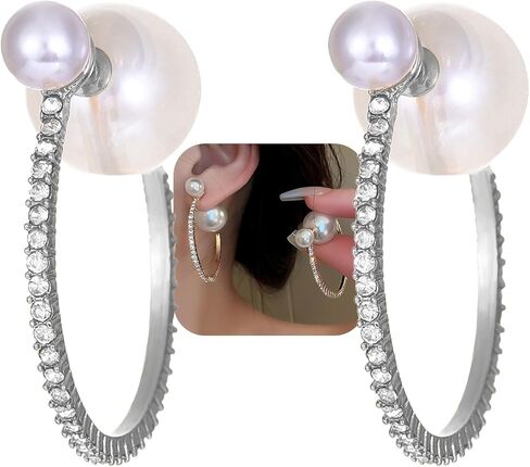 Gold Large Pearl Hoop Earrings for Women Sparkly Rhinestone Big Pearls Hoops Earring Exaggerated Crystal C Shaped Round Balls Pearl Statement Jewelry in Saudi Arabia