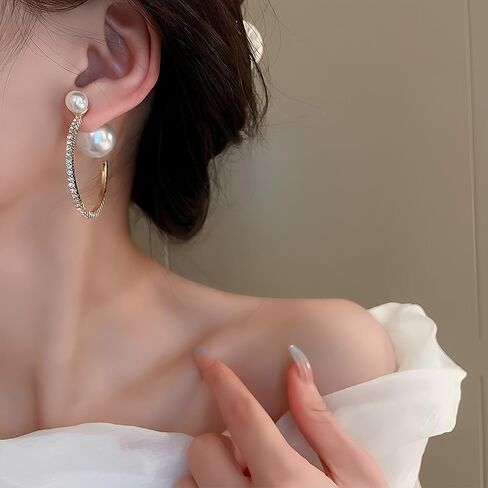 Gold Large Pearl Hoop Earrings for Women Sparkly Rhinestone Big Pearls Hoops Earring Exaggerated Crystal C Shaped Round Balls Pearl Statement Jewelry in Saudi Arabia
