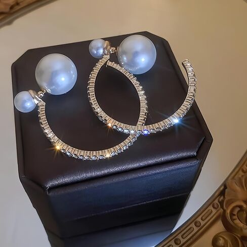 Gold Large Pearl Hoop Earrings for Women Sparkly Rhinestone Big Pearls Hoops Earring Exaggerated Crystal C Shaped Round Balls Pearl Statement Jewelry in Saudi Arabia