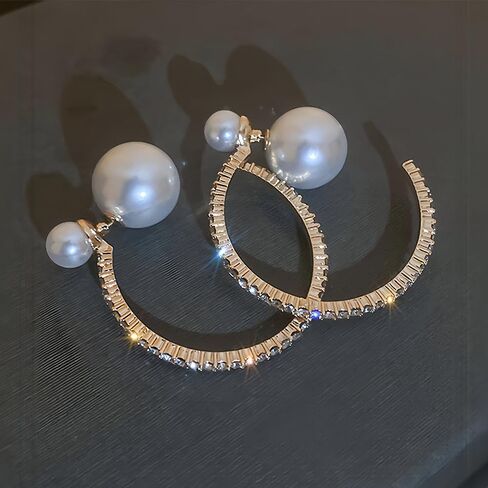 Gold Large Pearl Hoop Earrings for Women Sparkly Rhinestone Big Pearls Hoops Earring Exaggerated Crystal C Shaped Round Balls Pearl Statement Jewelry in Saudi Arabia