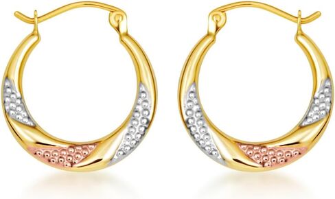 Gold Sparkle-Cut Beaded Twisted Hoop Earrings for Women | 10K or 14K Three-Tone Gold in Saudi Arabia