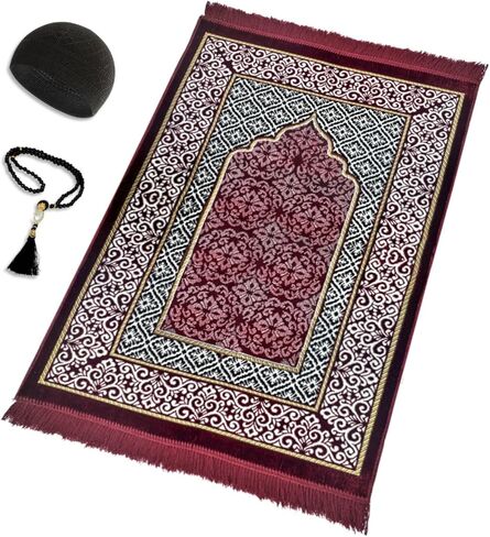 طقم سجادة صلاة إسلامية مخملية (سجادة صلاة سميكة - 99 سبحة صلاة - قبعة كوفية قطنية سوداء) هدية العيد ورمضان للمسلمين (أحمر) in Kuwait