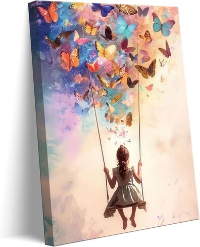 Dreamy Little Girl Butterfly Canvas Wall Art Whimsical Butterfly and Swing Wall Decor Picture Pink Swing Girl Poster Print Artwork for Office Bedroom Bar Cafe Home Decoration 12''x16'' Prepare to Hang in Saudi Arabia