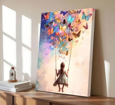 Dreamy Little Girl Butterfly Canvas Wall Art Whimsical Butterfly and Swing Wall Decor Picture Pink Swing Girl Poster Print Artwork for Office Bedroom Bar Cafe Home Decoration 12''x16'' Prepare to Hang in Saudi Arabia