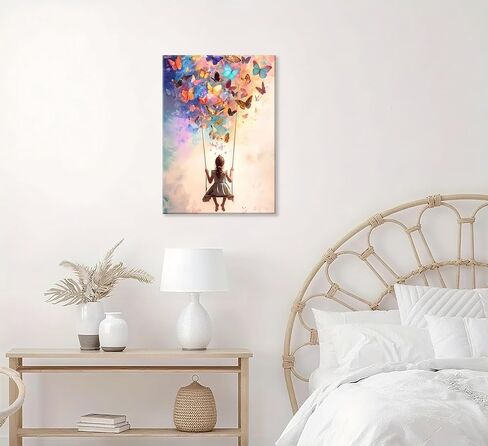 Dreamy Little Girl Butterfly Canvas Wall Art Whimsical Butterfly and Swing Wall Decor Picture Pink Swing Girl Poster Print Artwork for Office Bedroom Bar Cafe Home Decoration 12''x16'' Prepare to Hang in Saudi Arabia