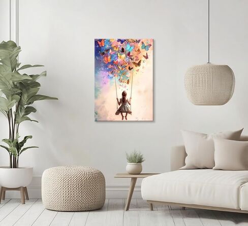Dreamy Little Girl Butterfly Canvas Wall Art Whimsical Butterfly and Swing Wall Decor Picture Pink Swing Girl Poster Print Artwork for Office Bedroom Bar Cafe Home Decoration 12''x16'' Prepare to Hang in Saudi Arabia